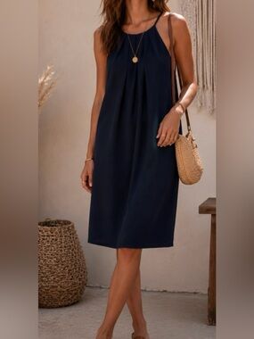 Sleeveless Navy Halter Midi Dress - Women's Summer Dress